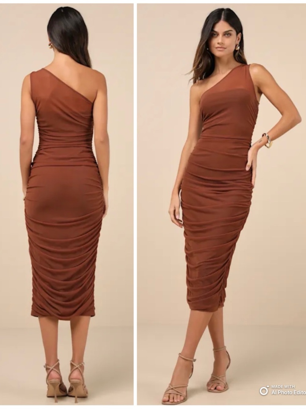Lulus Medium Kiden Brown Mesh Ruched One-Shoulder Midi Dress NWT Party Wedding